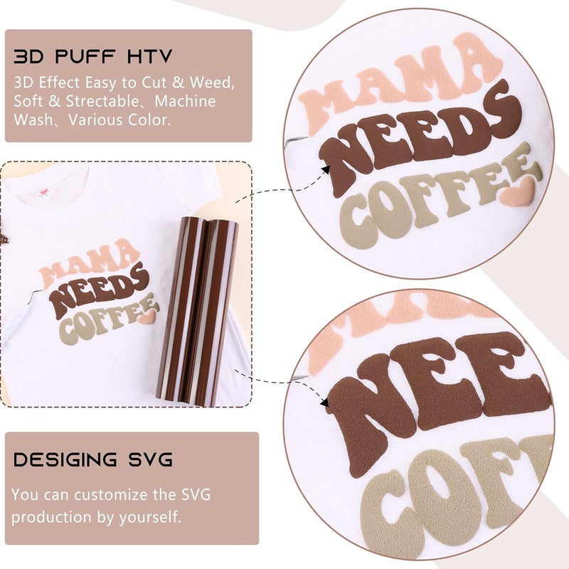 Tintnut Puff Vinyl Heat Transfer - 10inches x 6ft 3D Brown Derby Puff HTV Roll Heat Transfer Vinyl Foaming Colorful Puffy Iron on Vinyl for T-Shirts DIY Compatible with Cricut or Silhoutte Cameo - Image 5